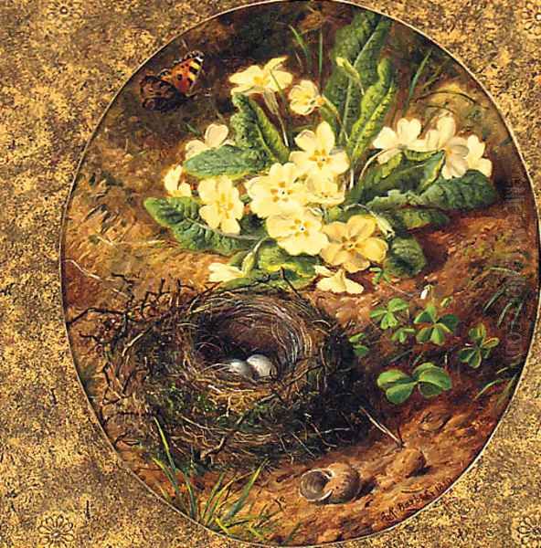 Primulas, a Snail's Shell, a Bird's Nest with Eggs and a Butterfly Oil Painting by Alfred R. Barber