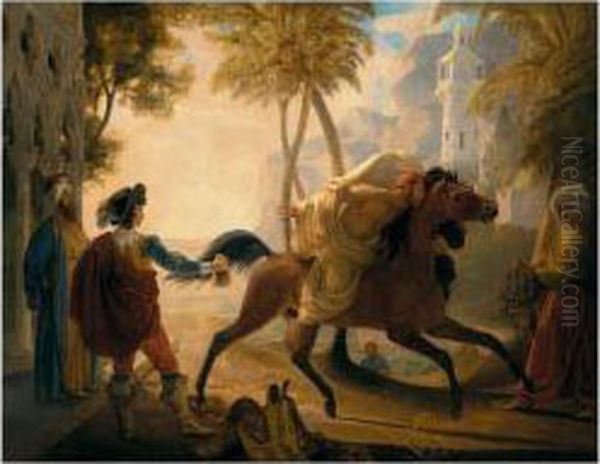 A Coastal Landscape With A Cavalier Purchasing An Arab Stallion Oil Painting by Pierre Nolasque Bergeret