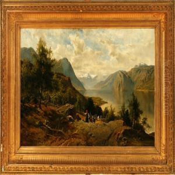 Summer Day At A Norwegian Fiord, A Young Girl Is Walking In The Hills With Her Goats Oil Painting by Edvard Bergh