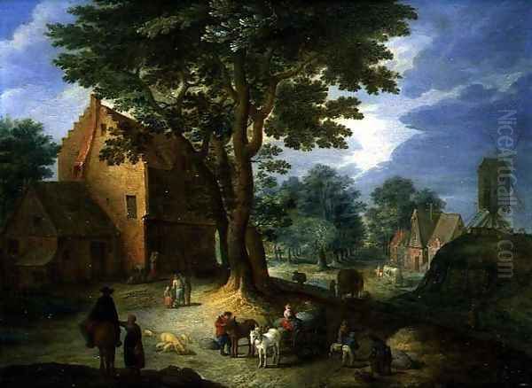 Village Scene with a Windmill Oil Painting by Joseph van Bredael