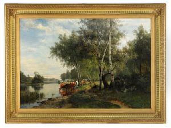 Sommarlandskap Med Kor Vid Vatten Oil Painting by Edvard Bergh