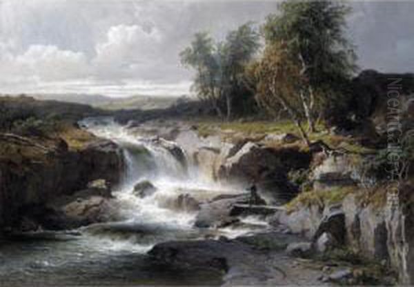 An Angler By A Waterfall Oil Painting by Edvard Bergh