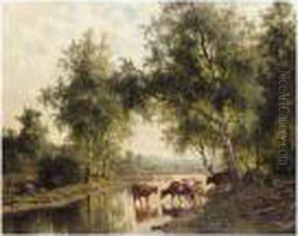 Cows Watering Oil Painting by Edvard Bergh