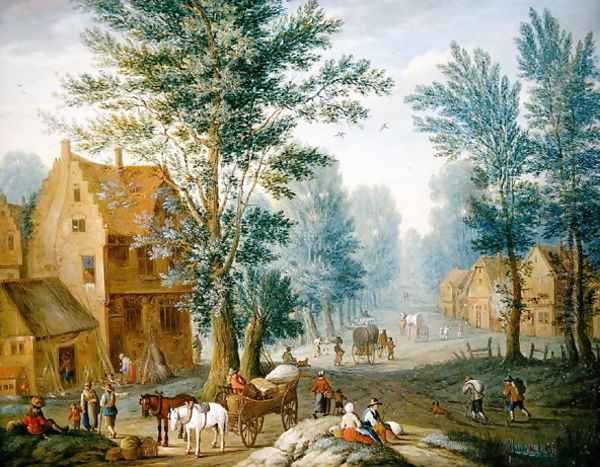 A Village Landscape with Travellers Oil Painting by Joseph van Bredael