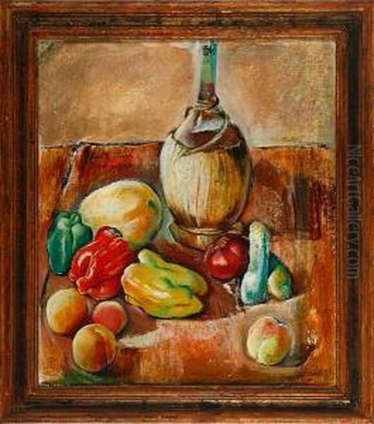 A Still Life With A Wine Bottle, Fruits And Vegetables. Signed. Dated Firenze -27 Oil Painting by Svante Bergh