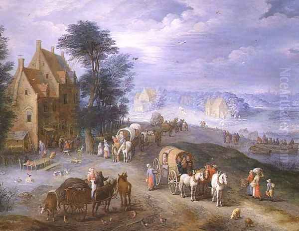 Landscape with peasants, carts and a ferry Oil Painting by Joseph van Bredael