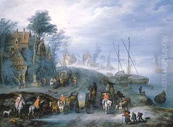 A river landscape with travellers in carriages on a path, shipping beyond Oil Painting by Joseph van Bredael