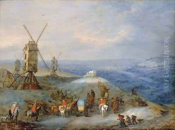 An extensive open landscape with travellers on a path by a windmill Oil Painting by Joseph van Bredael