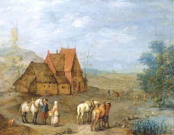 A landscape with travellers and their horses before a farmhouse, windmill beyond Oil Painting by Joseph van Bredael