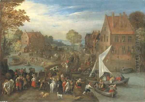 A crowded village landscape with wagons on a path and ferries crossing a river Oil Painting by Joseph van Bredael