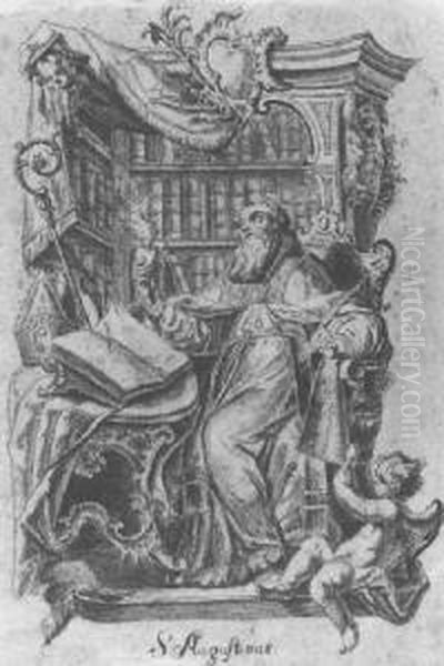 Saint Augustine In His Library Oil Painting by Johann Georg Bergmuller