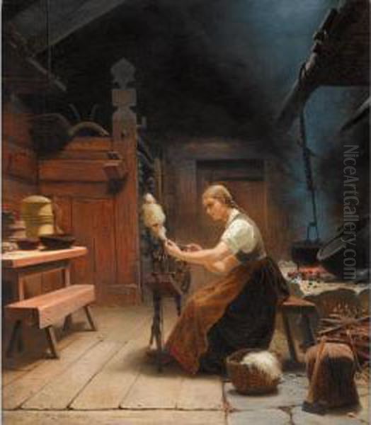 Kvinne Ved Rokken I Bondeinterior (woman Spinning Wool) Oil Painting by Knud Bergslien