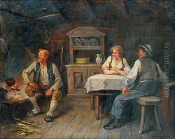 Pike, Gutt Og Eldre Mann I Interior Oil Painting by Nils Nilsen Bergslien