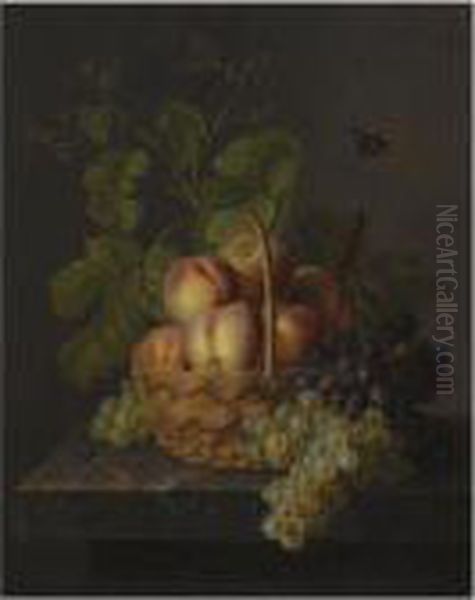 A Still Life With Peaches And Grapes In Wicker Basket On A Marble Ledge Oil Painting by Antoine Berjon