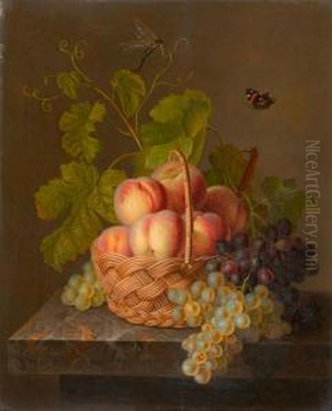 Still Life With Fruits In A Basket On A Stone Slab. Oil Painting by Antoine Berjon