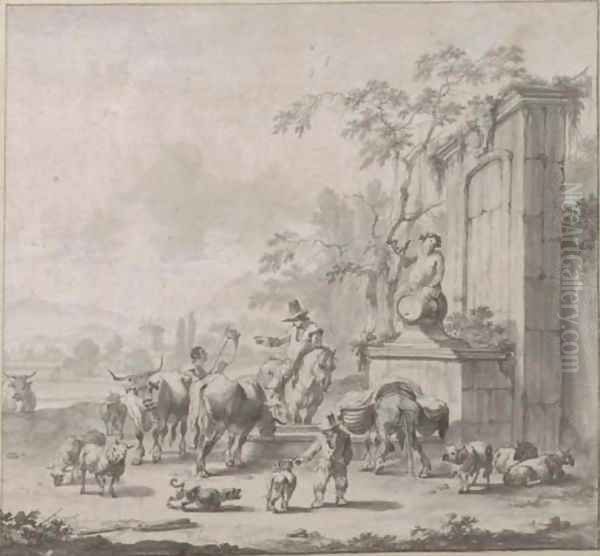 A landscape with herdsmen, sheep and cows around a fountain surmounted by a statue of Silenus Oil Painting by Pieter Bout