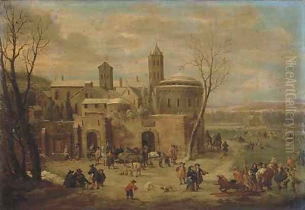 A winter landscape with figures strolling and unloading a cart outside the walls of a town, skating and sleighing on a frozen river nearby Oil Painting by Pieter Bout