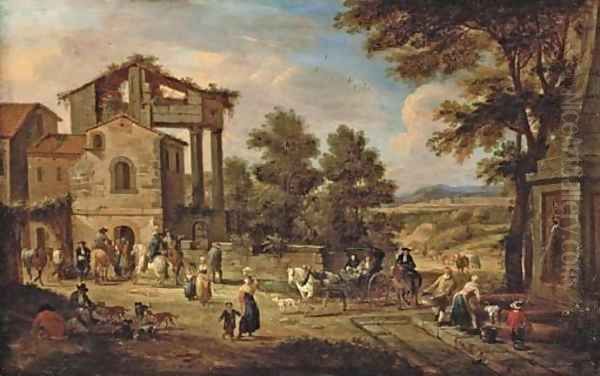 The outskirts of a town with a washerwoman, travellers and resting labourers, a landscape beyond Oil Painting by Pieter Bout