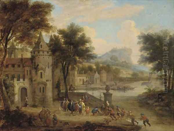 A river landscape with a fortified town Oil Painting by Pieter Bout