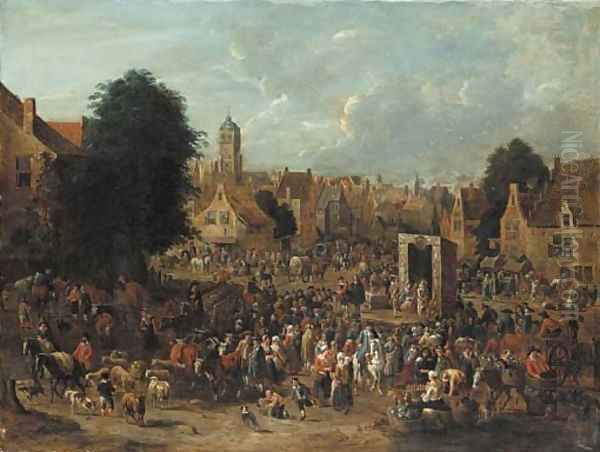 A town square with actors from the Commedia dell'Arte performing for villagers on market day Oil Painting by Pieter Bout