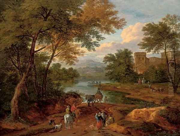 A wooded river landscape with travellers on a track, a house beyond Oil Painting by Pieter Bout