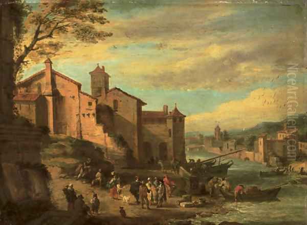 The Port of the Ripa Grande, Rome with merchants conversing Oil Painting by Pieter Bout