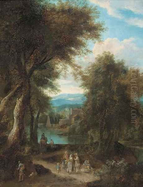 A wooded river landscape with travellers on a track Oil Painting by Pieter Bout