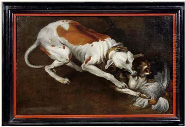 Chien Et Chat Se Disputant Un Trophee De Chasse Oil Painting by Nicasius Bernaerts