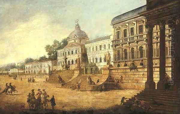 An architectural capriccio of classical buildings with horsemen and other figures Oil Painting by Francesco Battaglioli