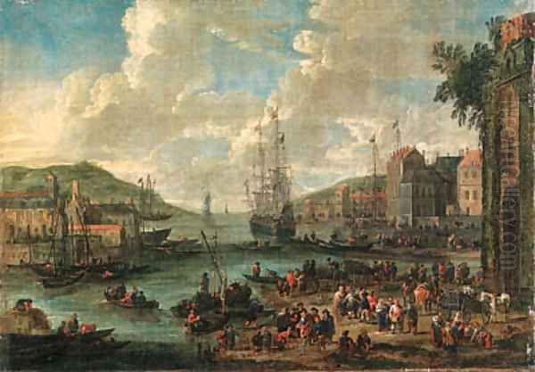 A port, with men-o-war and other shipping, townsfolk and fishermen on the shore Oil Painting by Adriaen Frans Boudewijns