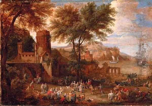 Figures outside a town wall with a bay beyond Oil Painting by Adriaen Frans Boudewijns