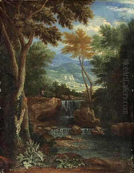 An Italianate wooded Landscape with Figures by a Waterfall Oil Painting by Adriaen Frans Boudewijns