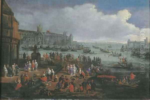 An Italianate harbour with elegant figures Oil Painting by Adriaen Frans Boudewijns