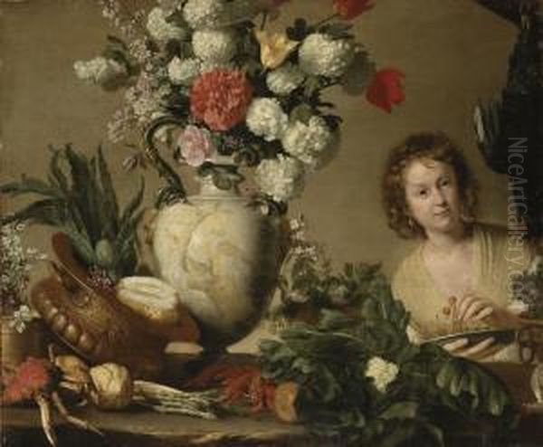 The Gardener: A Lady Holding A 
Bowl Of Cherries, With A Cockereland Vegetables, Shellfish And Flowers 
On A Wooden Table Oil Painting by Bernardo Strozzi