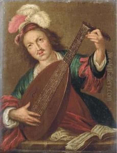 A Lute Player Oil Painting by Bernardo Strozzi