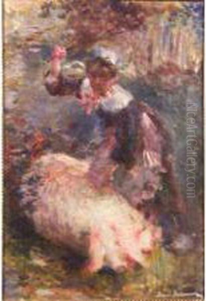 Fillette Au Cochon Oil Painting by Etienne Prosper Berne-Bellecour