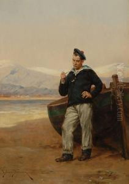 A Sailor Leaning Against A Beached Boat, Smoking A Pipe Oil Painting by Etienne Prosper Berne-Bellecour