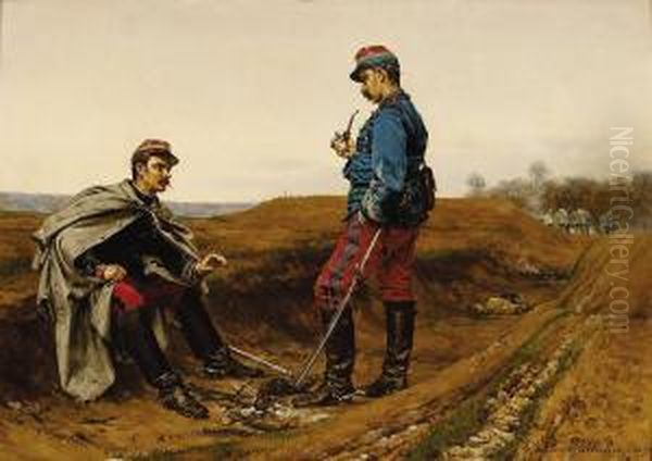 Soldiers Talking Round A Campfire Oil Painting by Etienne Prosper Berne-Bellecour