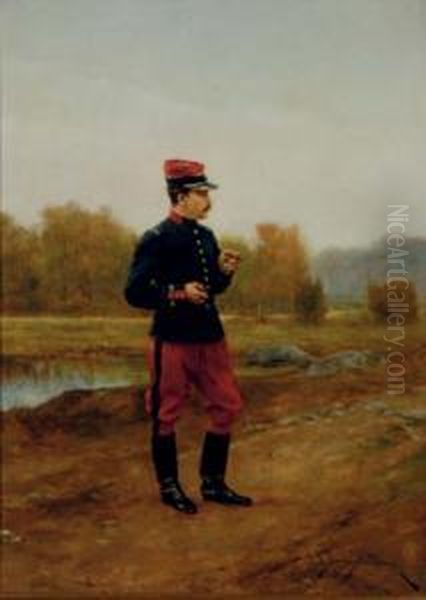 A French Military Officer Smoking; And A Companion Painting Oil Painting by Etienne Prosper Berne-Bellecour