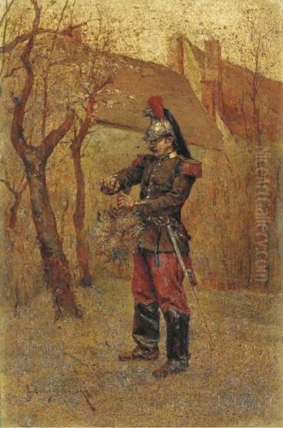 A Soldier Tying A Bundle Of Branches Oil Painting by Etienne Prosper Berne-Bellecour