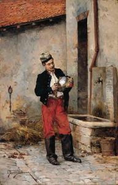 A French Cuirassier Polishing His Helmet Oil Painting by Etienne Prosper Berne-Bellecour