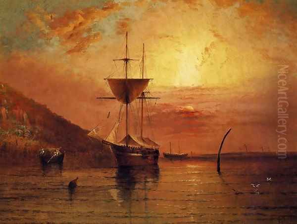 Ships in Calm Water at Sunset Oil Painting by Elisha (Taylor) Baker