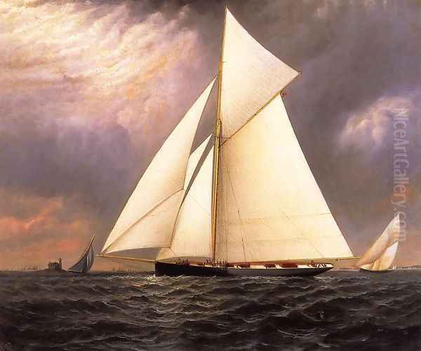 The Seawanhaka Corinthian Yacht Club Cutter 'Bedouin' off Execution Rocks Lighthouse Oil Painting by Elisha (Taylor) Baker