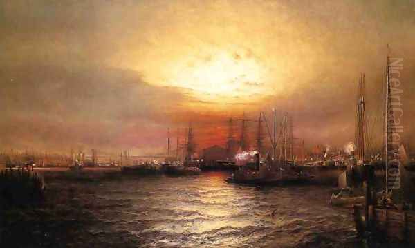 Sunrise from Chapman Dock and Old Brooklyn Navy Yard, East River, New York Oil Painting by Elisha (Taylor) Baker