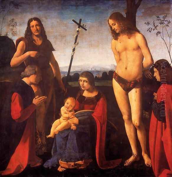 Virgin and Child with Sts John the Baptist and Sebastian (Pala Casio) 1500 Oil Painting by Giovanni Antonio Boltraffio