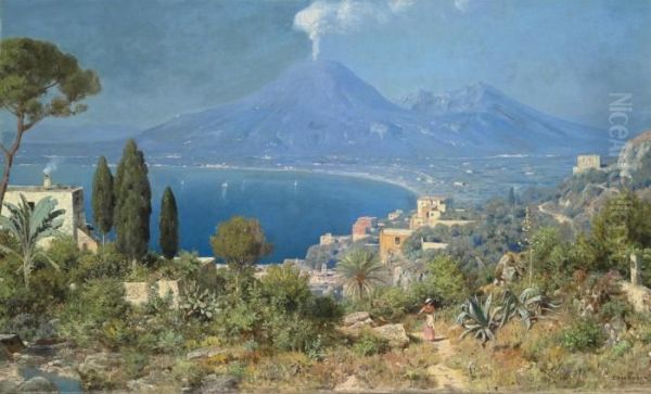 The Bay Of Naples, Vesuvius Beyond. Oil Painting by Edmund Berninger