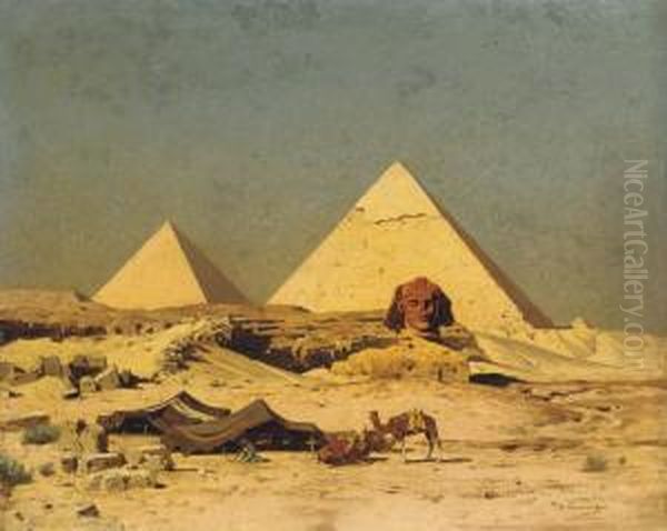 The Sphinx And Pyramids At Gizeh Oil Painting by Edmund Berninger