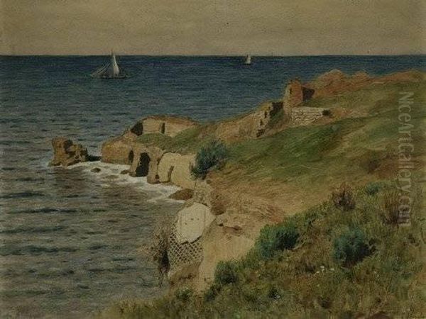 Blick Auf Das Meer Und Die Romischen Ruinen Bei Porto D'anzio Oil Painting by Edmund Berninger