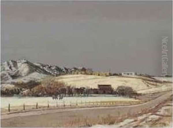 Ranch In Winter Oil Painting by Oscar Edmund Berninghaus