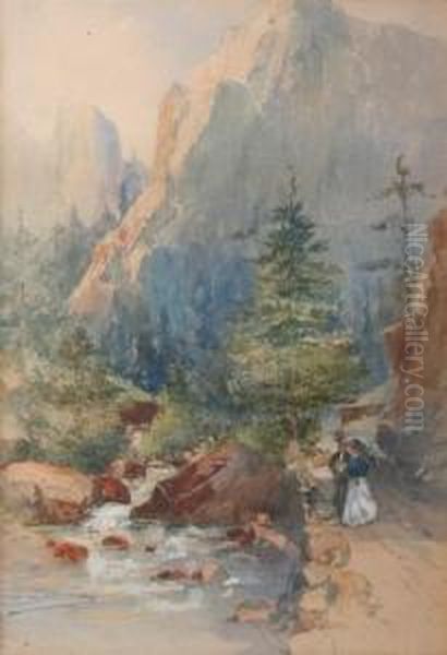 Colorado Mountain Landscape With Couple On Path Oil Painting by Oscar Edmund Berninghaus